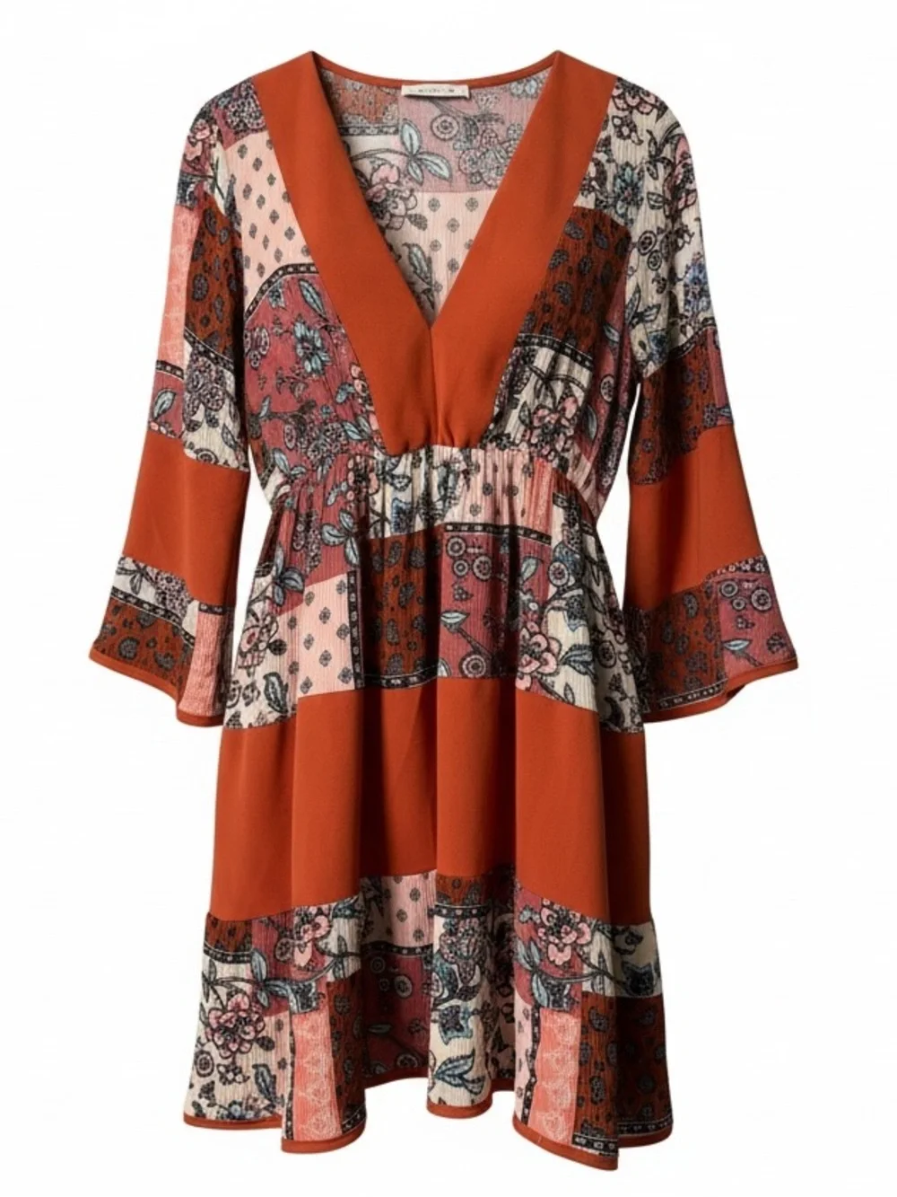 Patchwork V-Neck Midi Dress in Rust and Blush - Picture 2 of 10